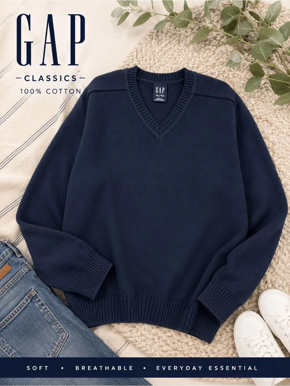 GAP Men's Dark Navy V-Neck Cotton Sweater